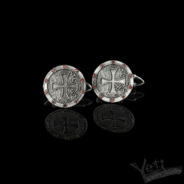 Серебряные запонки мужские круглые фианит "Medieval cross" 1099609133