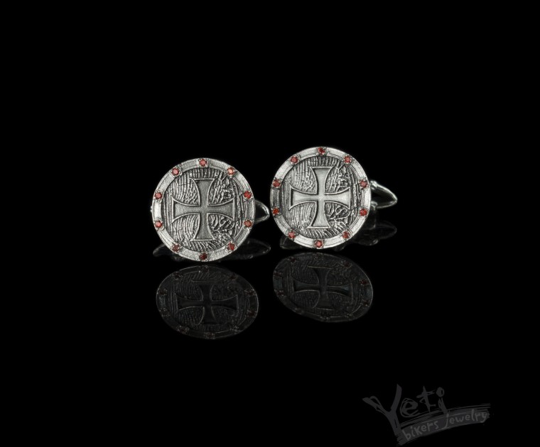 Серебряные запонки мужские круглые фианит "Medieval cross" 1099609133